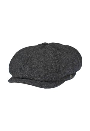 Gray wool flat cap with a rounded crown, small front brim, and subtle textured pattern. Features a metal accent detail on the side.