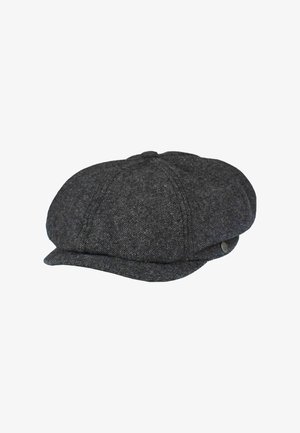 Cappello piatto di lana grigio con corona arrotondata, piccola visiera frontale e un motivo testurizzato sottile. Presenta un dettaglio metallico sul lato.
