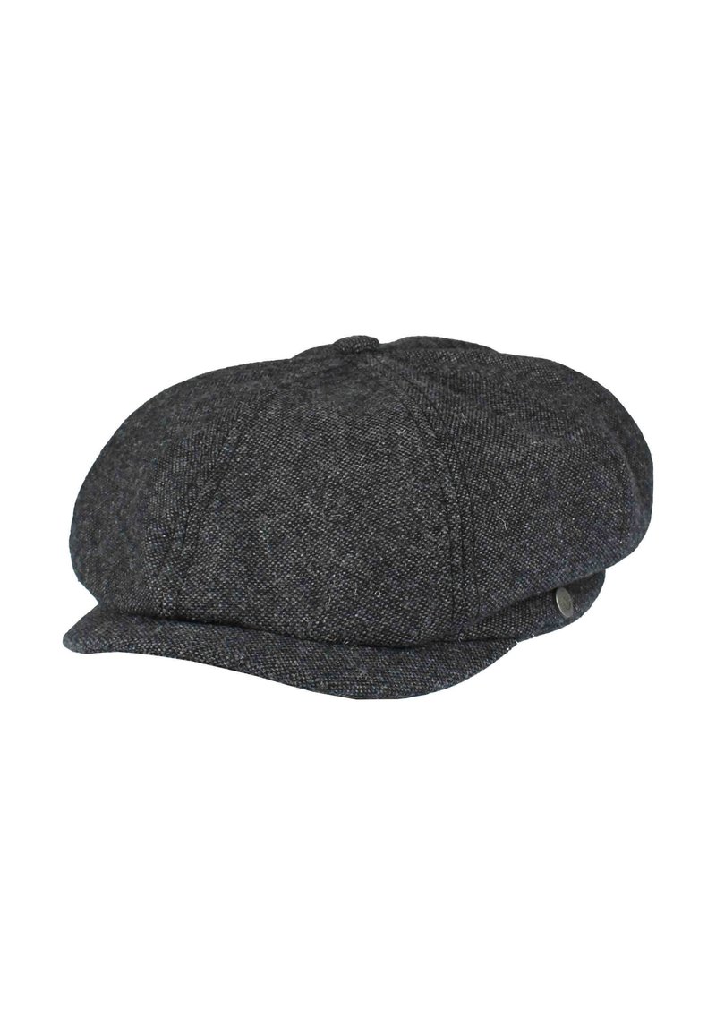 Gorra plana de lana gris con copa redondeada, pequeña visera frontal y un sutil patrón texturizado. Cuenta con un detalle metálico en el lateral.