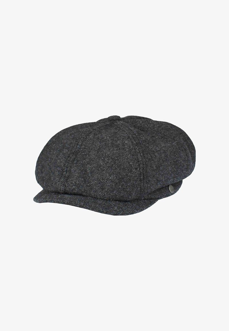 Gray wool flat cap with a rounded crown, small front brim, and subtle textured pattern. Features a metal accent detail on the side.