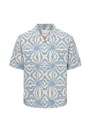 Camicia a maniche corte con bottoni, motivo astratto a raggi di sole in azzurro chiaro e bianco, e colletto alla coreana.