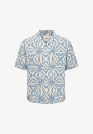 Camicia a maniche corte con bottoni, motivo astratto a raggi di sole in azzurro chiaro e bianco, e colletto alla coreana.