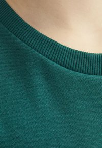 Pullover teal con collo a giro in costine, realizzato in un tessuto morbido. La vista ravvicinata mostra una superficie liscia e dettagli di cucitura regolari.