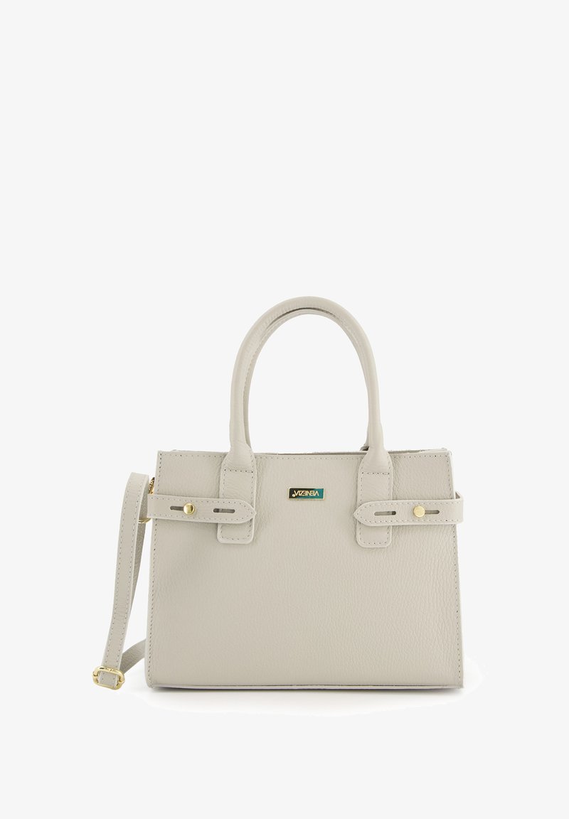 Light gray faux leather handbag with dual handles, adjustable strap, gold hardware, and a logo plaque. Features a textured surface and structured shape.