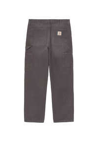 Pantaloni cargo in cotone grigi con multiple tasche, una vestibilità comoda e una cintura robusta. La tasca posteriore mostra l'etichetta con il logo Carhartt.