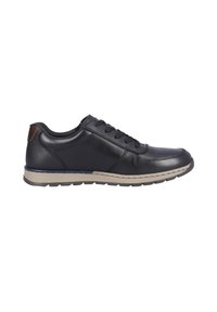 Sneaker in pelle nera con una superficie liscia, design con lacci, suola in gomma beige e un tocco di marrone sul tallone. Forma della punta piatta e arrotondata.