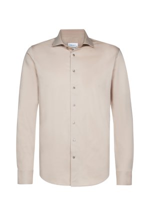 Lys beige langærmet skjorte, knaplukning foran, klassisk krave og glat tekstur. Har fem sølvknapper langs lukningen.