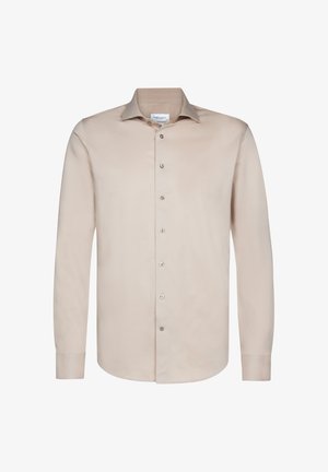 Lichtbeige overhemd met lange mouwen, met knoopsluiting aan de voorkant, klassieke kraag en een soepele textuur. Bevat vijf zilveren knopen langs de knoopsluiting.