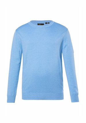 Lyseblå langærmet rundhalset sweater med ribbede manchetter og kant, lavet af blødt strikstof.