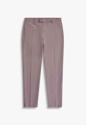 Pantalones a medida color malva con pliegues delanteros, trabillas para cinturón, cierre de botones y bolsillos laterales, extendidos sobre un fondo blanco.