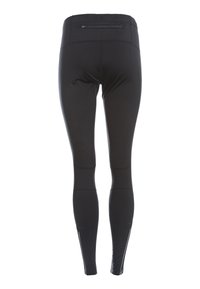 Black athletic leggings with a high waistband, zippered pocket, mesh panel accents, and ankle zippers. Made from smooth, stretchy material.