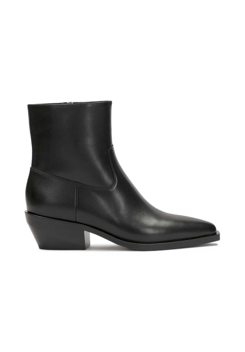 Čierne kožené členkové topánky s špicatou špičkou, hladkým povrchom, bočným zipsom a nízkym blokovým podpätkom. Elegantný dizajn s minimálnymi akcentmi.