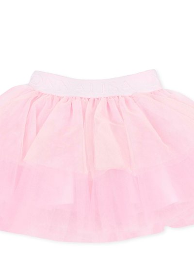 Jupe en tulle rose doux à plusieurs couches avec une ceinture froncée présentant le nom de la marque subtilement brodé.