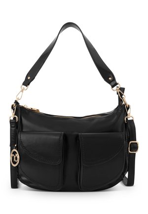 Schwarze Leder-Umhängetasche mit Reißverschluss, zwei vorderen Taschen und goldfarbenen Details. Verfügt über einen abnehmbaren Riemen für Vielseitigkeit.