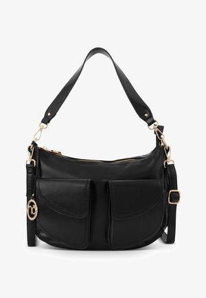 Black leather shoulder bag with a zip closure, dual front pockets, and gold-tone hardware. Features a detachable strap for versatility.