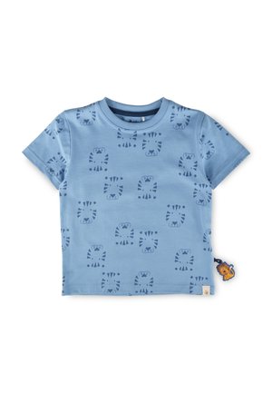 Hellblaues Kleinkind-T-Shirt mit dunkelblauem Tiger-Gesichtsmuster und einem kleinen Löwen-Label an der Seitennaht.