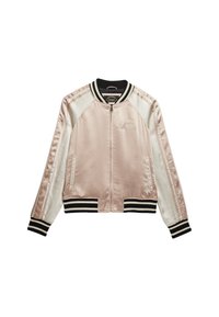Lichtroze en witte satijnen bomberjack met zwart-wit gestreepte geribbelde boorden en kraag, rits aan de voorkant en zakken.