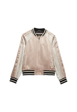 Lyserød og hvid satin bomberjakke med sort-hvide stribede ribkanter ved ærmer og krave, frontlynlås og lommer.
