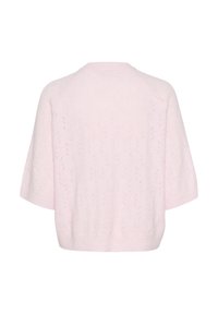 Krótki rękaw, jasnoróżowy dziergany sweter o pudełkowym kroju z ażurowym wzorem liści. Posiada okrągły dekolt i ściągacz u dołu.