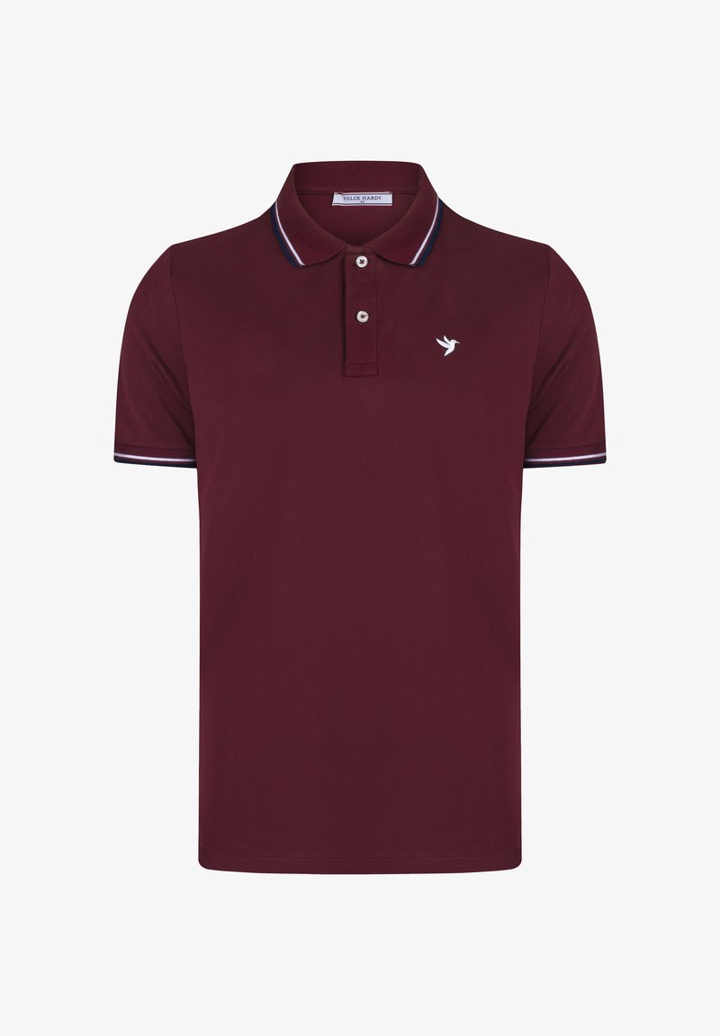 Polo à manches courtes couleur bordeaux avec logo d'oiseau blanc sur la poitrine, patte à deux boutons, col et bords de manches à rayures blanches.