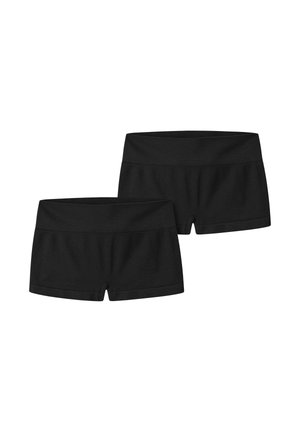 Deux paires de shorts noirs extensibles sans couture avec larges ceintures et jambes courtes, affichées sur un fond blanc.