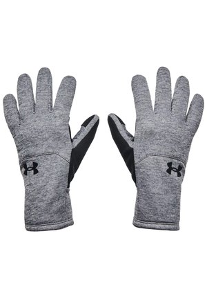 Guantes de rendimiento grises con acentos negros, un tejido texturizado y un diseño ajustado con el logo de Under Armour en la muñeca.
