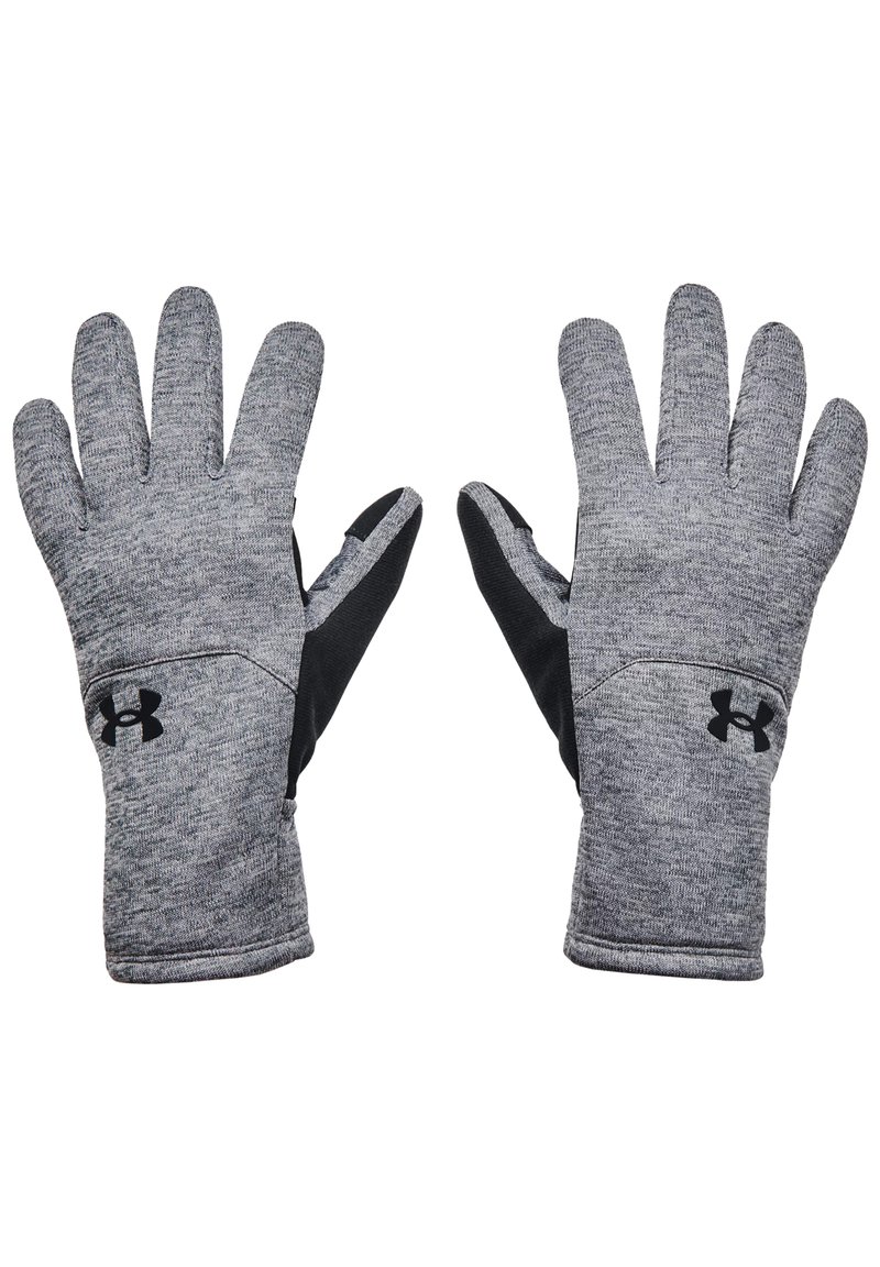 Gants de performance gris avec des accents noirs, un tissu texturé et un design ajusté, portant le logo Under Armour sur le poignet.