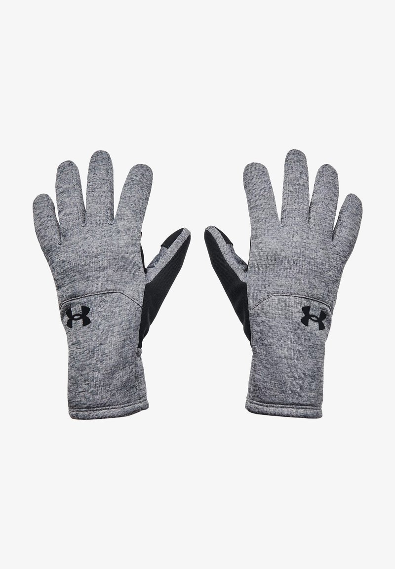 Grau Performance-Handschuhe mit schwarzen Akzenten, einem strukturierten Stoff und einem taillierten Design mit dem Under Armour-Logo am Handgelenk.