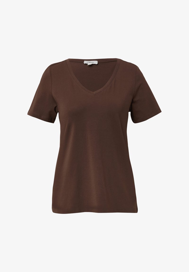 Hnědý kratký rukáv V-krk tričko se rovný lem, vystaveno na bílém pozadí.