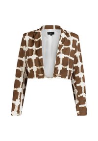 Bruin en wit cropped blazer met oversized blokken, lange mouwen en een kettingaccent aan de voorkant. Glad materiaal met een glanzende textuur.