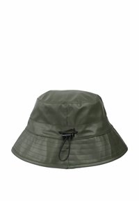Cappello a secchiello impermeabile verde con ampio bordo, superficie texturizzata, cordino regolabile e dettaglio cucito sul bordo.