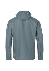 Giacca leggera con cappuccio di colore grigio tenue. Tessuto liscio, resistente all'acqua, con maniche lunghe e un design semplice e senza fronzoli.