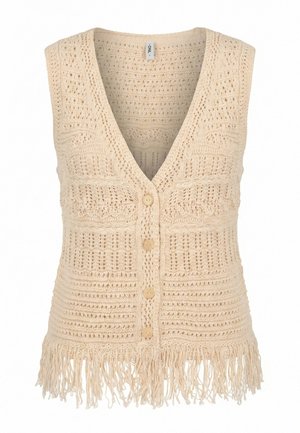 Veste sans manches beige en crochet avec col en V, quatre boutons sur le devant, motif texturé et détail de franges le long de l'ourlet.
