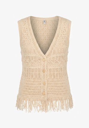 Chaleco beige sin mangas tejido a crochet con escote en V, cuatro botones delanteros, patrón texturizado y detalle de flecos en el dobladillo.