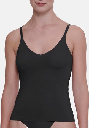 Black camisole with thin adjustable straps, a V-neckline, and a smooth, stretchy fabric. Simple design with no visible patterns or accents.