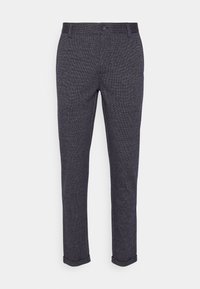 Námořnické modré zúžené kalhoty z texturované látky s knoflíkovým zapínáním a ohrnutými nohavicemi. Obsahují jemný vzor po celém povrchu.