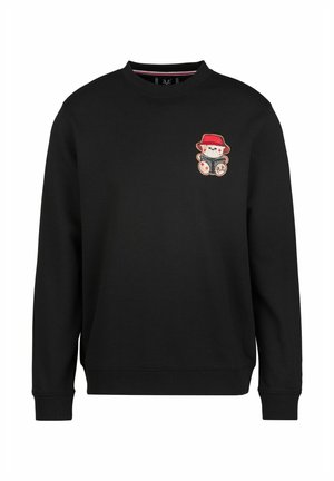 Zwarte sweatshirt met lange mouwen, geribbelde ronde hals, met een geborduurd berenmotief dat een rode hoed draagt en een boek op de borst vasthoudt.