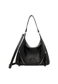 Black leather handbag with a textured finish, a curved shape, dual zippers on the sides, and a single shoulder strap.