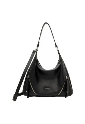 Borsa a tracolla in pelle nera con finitura testurizzata, forma curvata, doppie cerniere sui lati e una sola tracolla.
