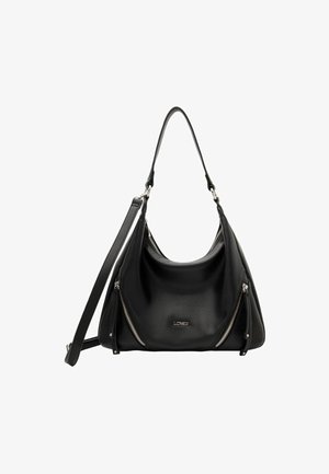 Borsa a tracolla in pelle nera con finitura testurizzata, forma curvata, doppie cerniere sui lati e una sola tracolla.