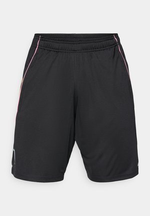 Pantaloni sportivi neri con cintura elastica, dotati di accenti laterali rosa e gialli e un piccolo logo blu sull'orlo sinistro.