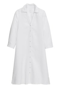 White, button-up dress with a collar and three-quarter length sleeves, featuring a relaxed fit and a hem that falls mid-calf.