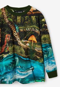 Koszulka z długim rękawem z wyraźnym nadrukiem przyrody, na którym znajdują się dinozaury, gady, grzyby i krokodyl, umieszczonymi na ciemnym tle. Zielony kołnierzyk.