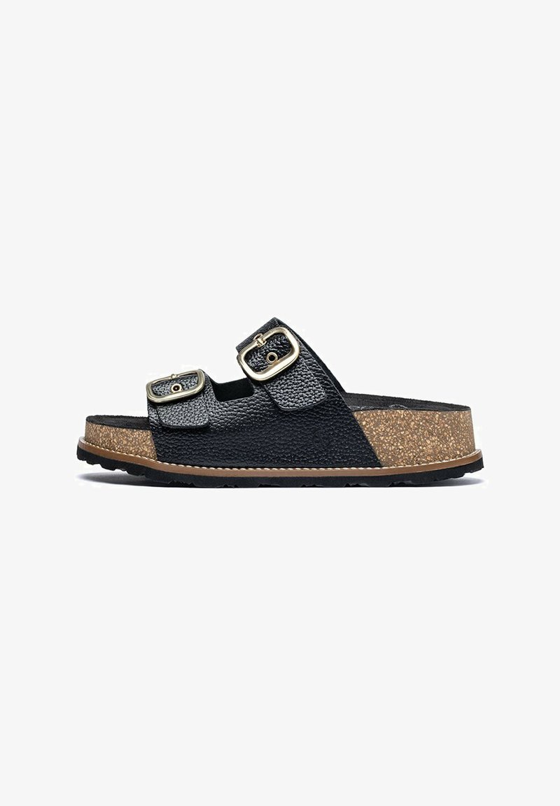 Black leather slide sandal featuring two adjustable buckles, textured upper, cork sole, and a durable rubber outsole.