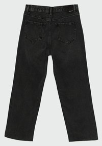 Jeans en denim noir avec une coupe droite, dotés d'une taille mi-haute et de deux poches arrière, montrant un tissu texturé sans embellissements visibles.