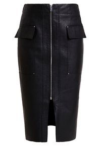 Svart läderkjol med en figursydd passform, knälängd, med sidofickor, dragkedja fram och en slits framtill för lättare rörelse.