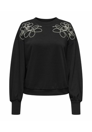 Black sweatshirt with balloon sleeves, featuring floral white embroidery on the shoulders and a ribbed hem. Soft fabric texture.