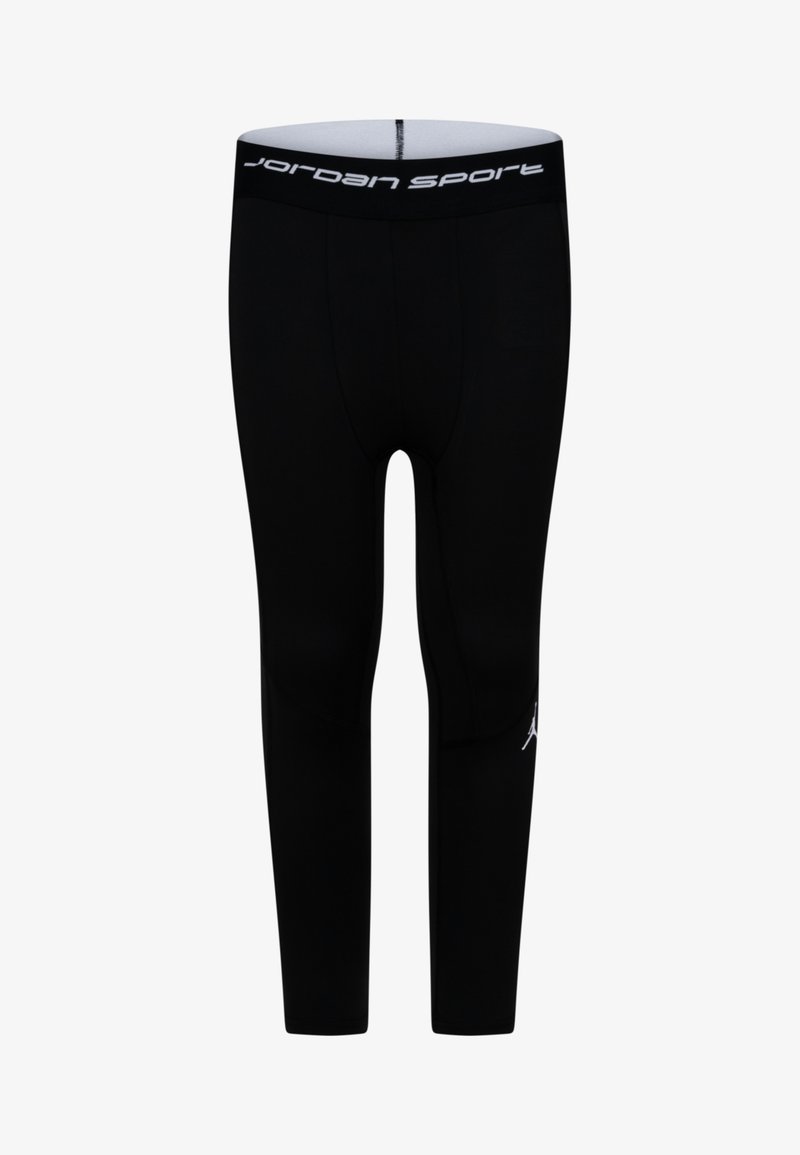 Colanți atletici negri cu un design ajustat, material moale și un logo alb "Jordan Sport" pe talie și pe lateral.