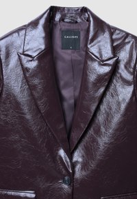 Burgunderfarbenes Blazer aus Kunstleder mit glänzender Textur, Reverskragen und einem einzelnen Knopfverschluss. Das Etikett im Inneren trägt die Aufschrift "CALLIOPE", Größe S.