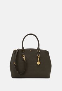 Olivgrön handväska med en strukturerad design, texturerad yta, dubbla handtag ovanpå, detaljer i guldton och en avtagbar rem.